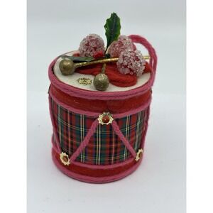 Vintage 60s Drum Christmas Ornament Plaid Gum Drop Red Pink